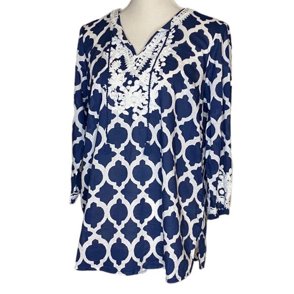 Talbots Tops - Navy& White Talbots Cotton Bohemian Tunic w/ Embroidery on Neckline & Sleeves Mp